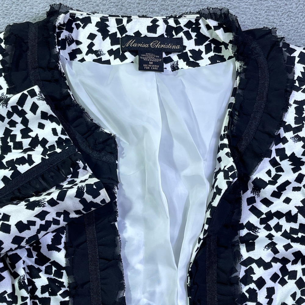 Marisa Christina Black White Geometric Ruffle Open Front Jacket Blazer M